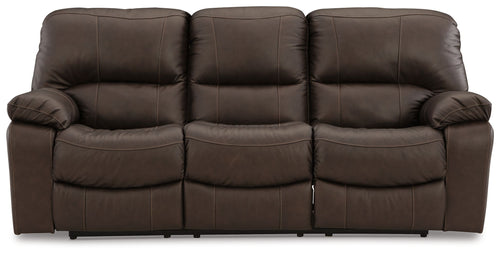 Leesworth dark brown reclining sofa with three padded headrests and wide armrests.
