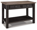 Grayish brown and black sofa table with two drawers and lower shelf