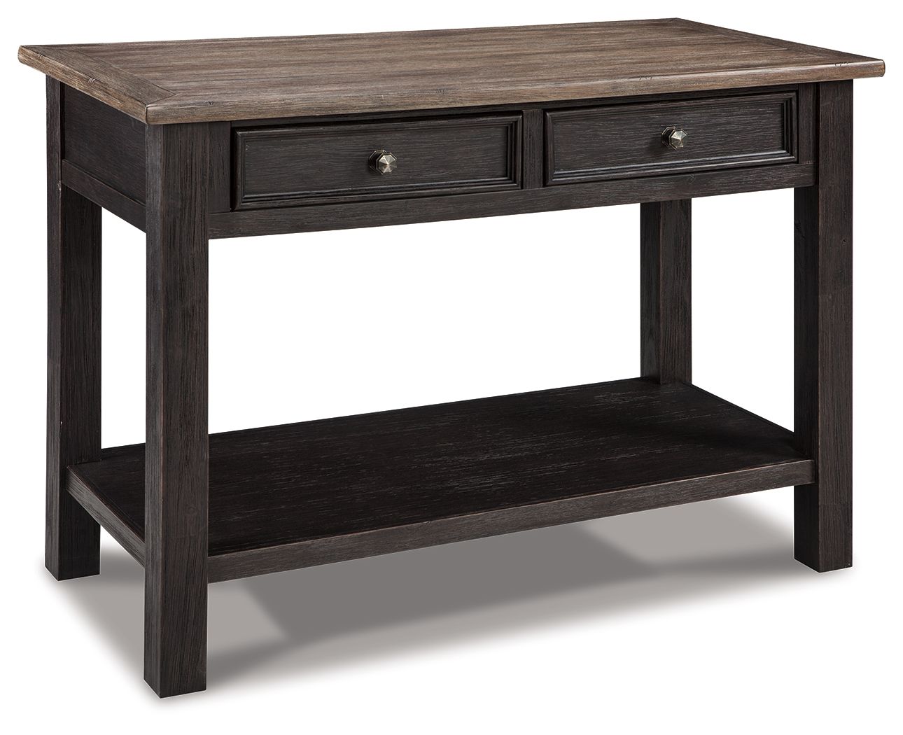 Grayish brown and black sofa table with two drawers and lower shelf