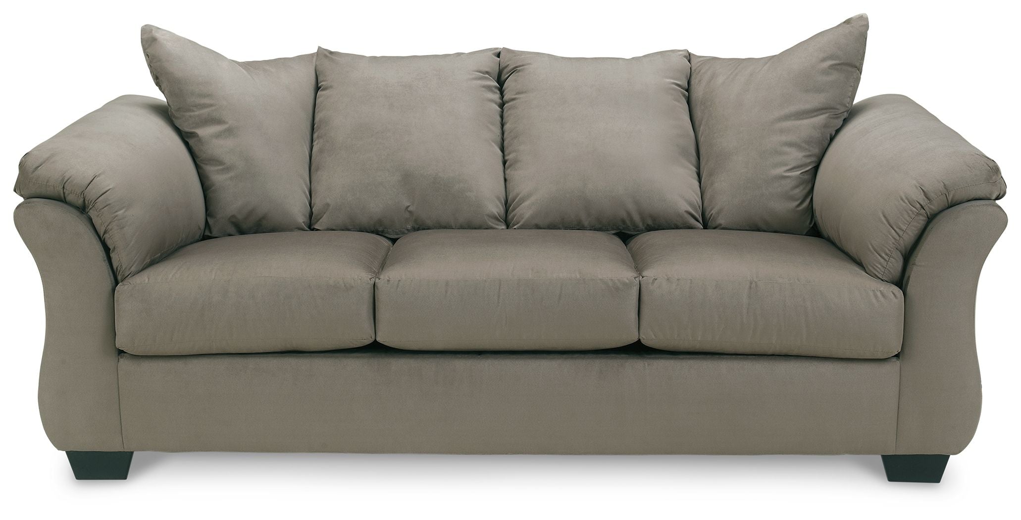 Darcy sofa in cobblestone gray with three seat cushions and rolled arms
