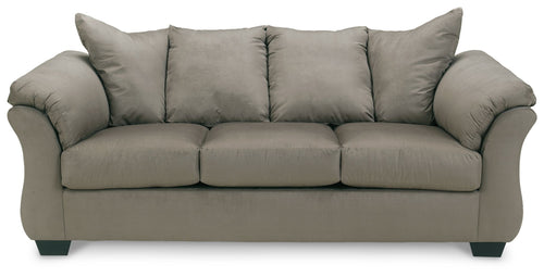 Darcy sofa in cobblestone gray with three seat cushions and rolled arms