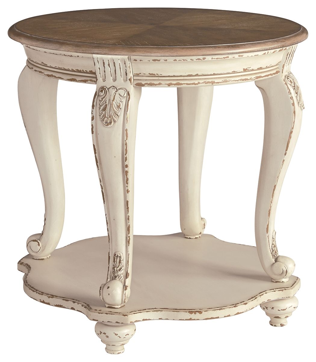 Round end table with brown top and distressed white turned legs