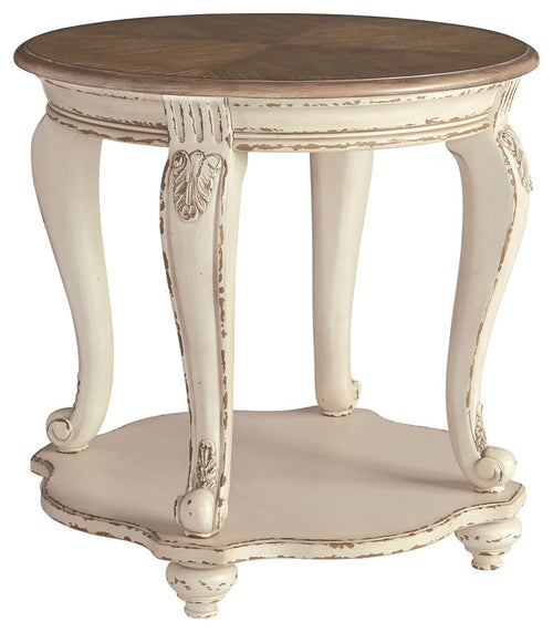 Round end table with brown top and distressed white turned legs