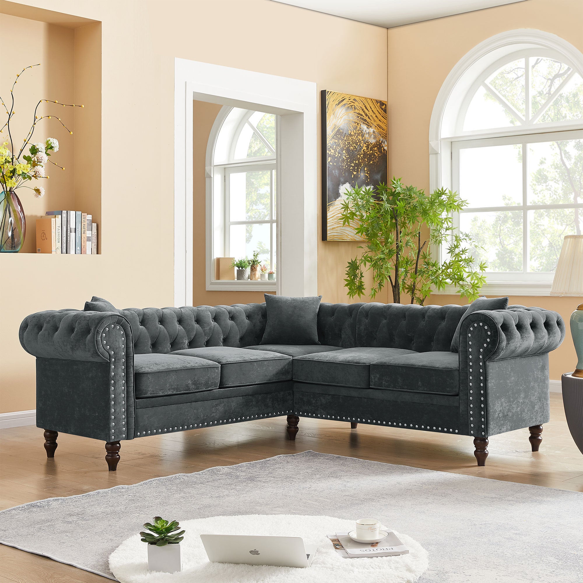 80" Deep Button Tufted Upholstered Roll Arm Luxury Classic Chesterfield L-Shaped Sectional Sofa | 3 Pillows Included | Solid Wood Gourd Legs | Grey Velvet | Elegant Addition to Your Living Space
