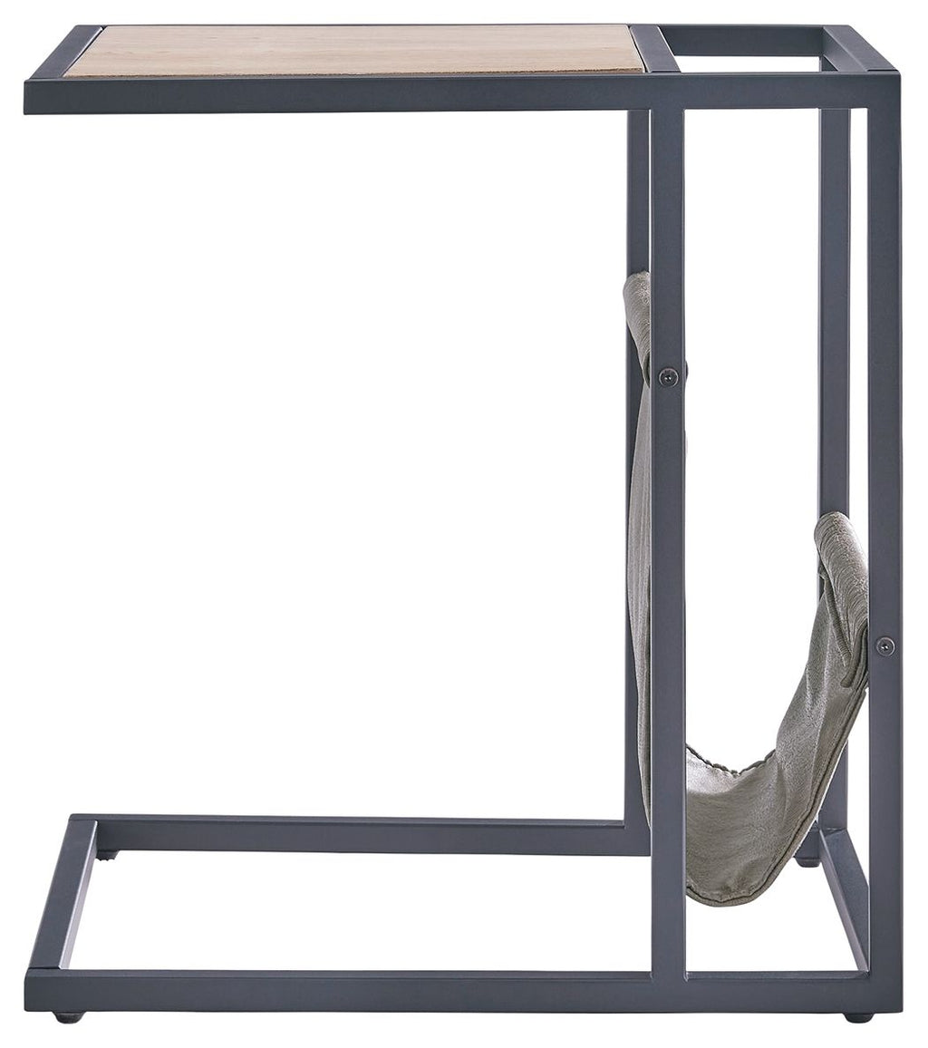 Side end table with magazine basket, showing black legs and side panel