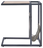 Side end table with magazine basket, showing black legs and side panel