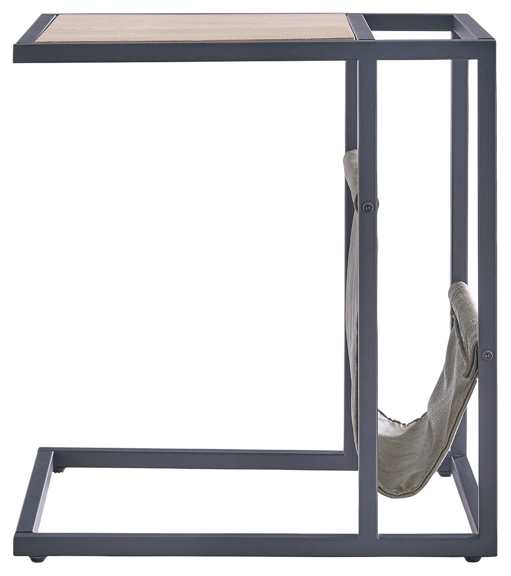 Side end table with magazine basket, showing black legs and side panel