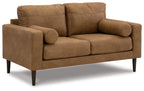 Caramel-brown loveseat with rolled arms and padded back, two-seat cushions.