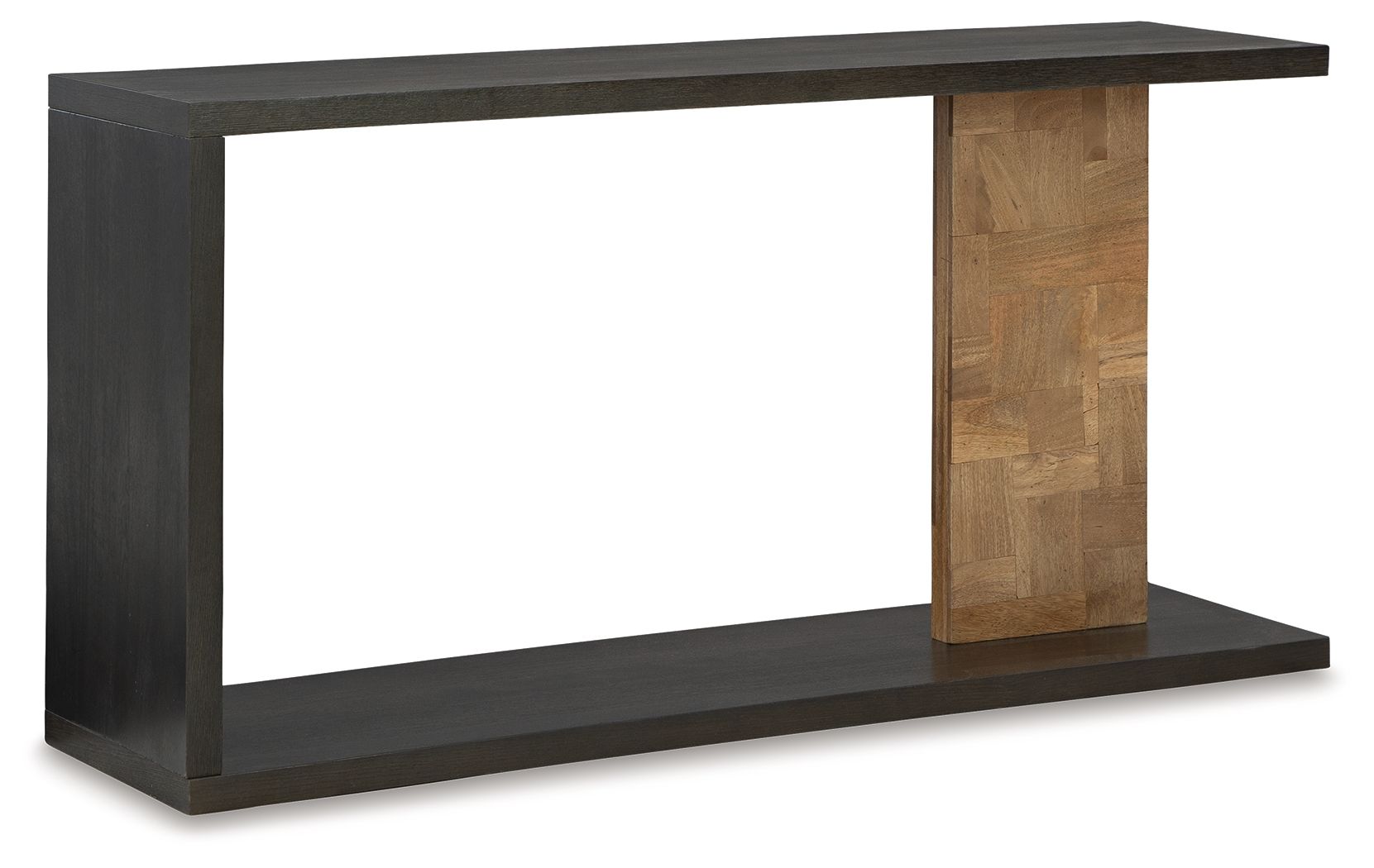 Brown console sofa table with dark frame and light wood end panels