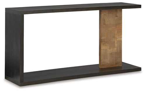 Brown console sofa table with dark frame and light wood end panels