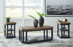 Set of three occasional tables with wood tops and dark metal frames in room