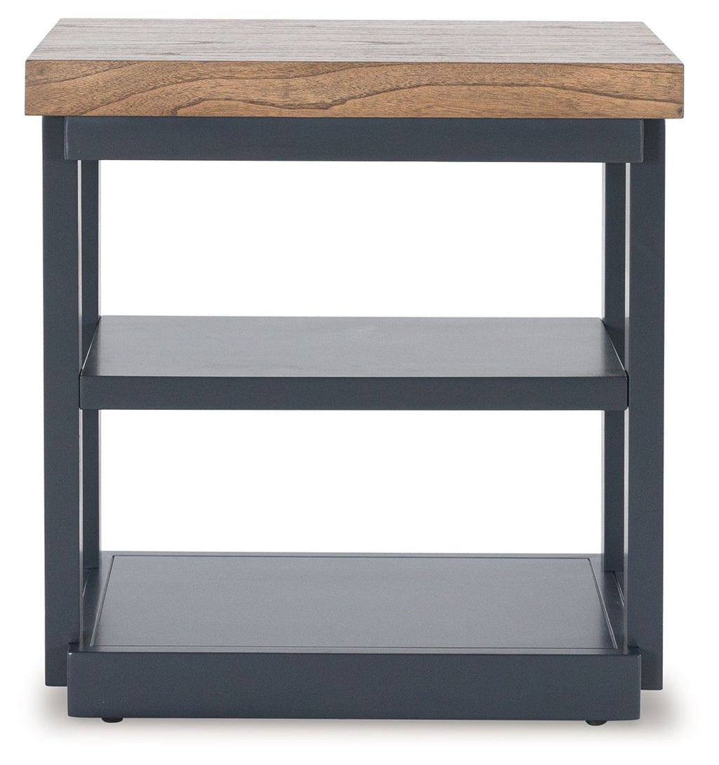 Occasional table with rectangular wood top and two open storage shelves