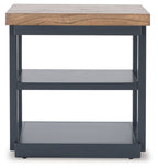 Occasional table with rectangular wood top and two open storage shelves