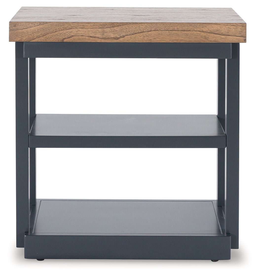 Occasional table with rectangular wood top and two open storage shelves