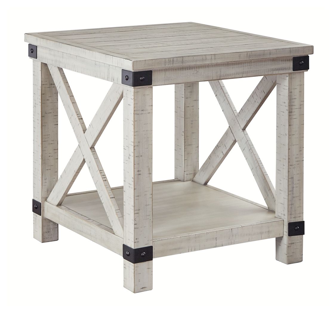 Whitewashed rectangular end table, X-frame sides, lower shelf, dark corner brackets