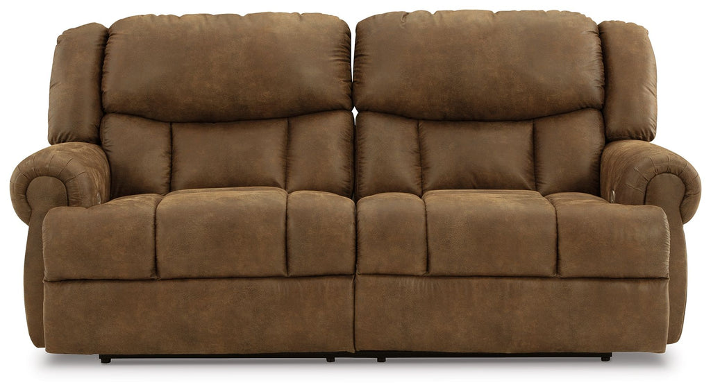Reclining sofa loveseat with tufted cushions and padded headrests, brown upholstery