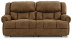 Reclining sofa loveseat with tufted cushions and padded headrests, brown upholstery