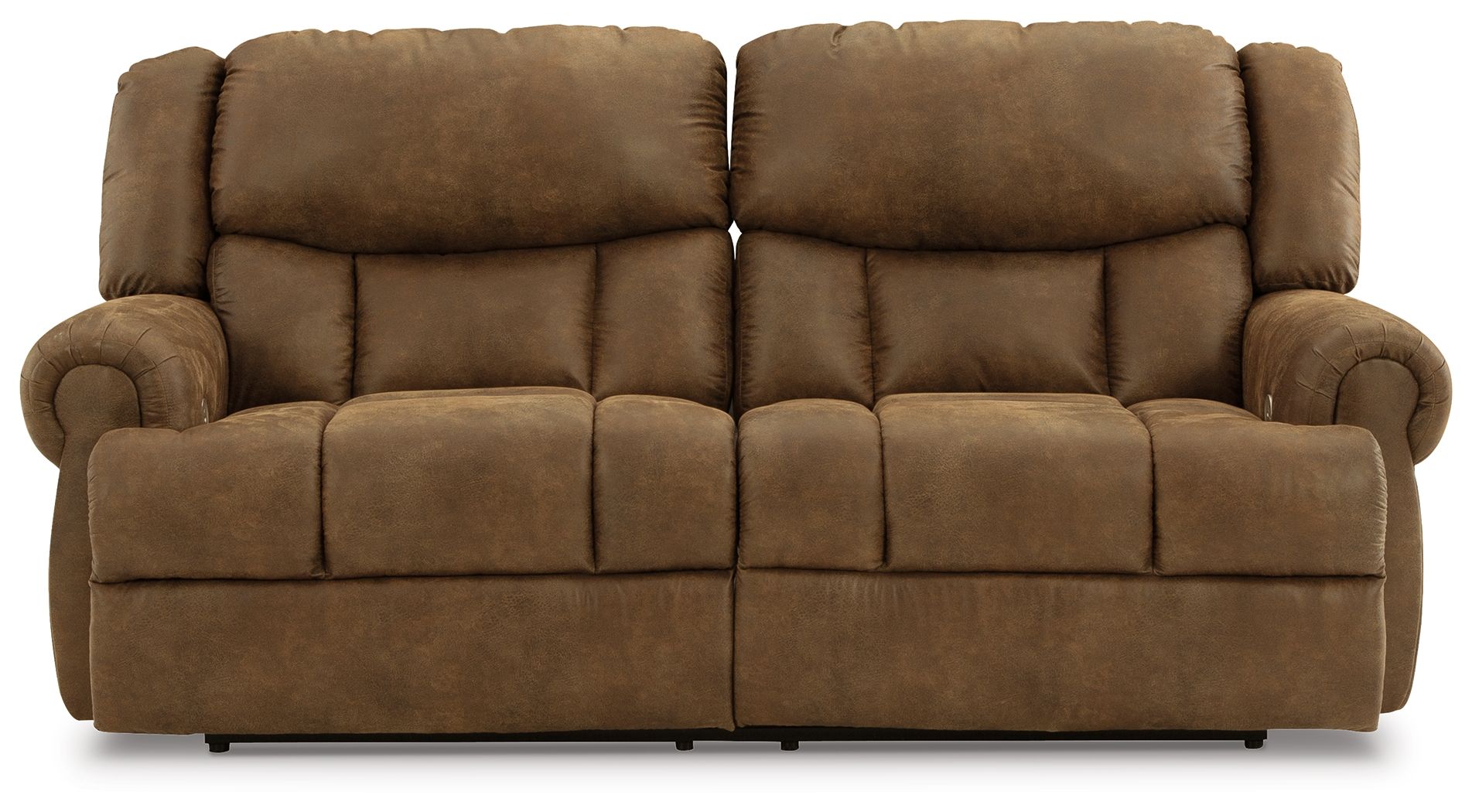 Reclining sofa loveseat with tufted cushions and padded headrests, brown upholstery