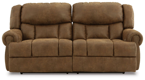 Reclining sofa loveseat with tufted cushions and padded headrests, brown upholstery