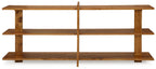 Brown wood console sofa table with two tiers and crossbar supports.
