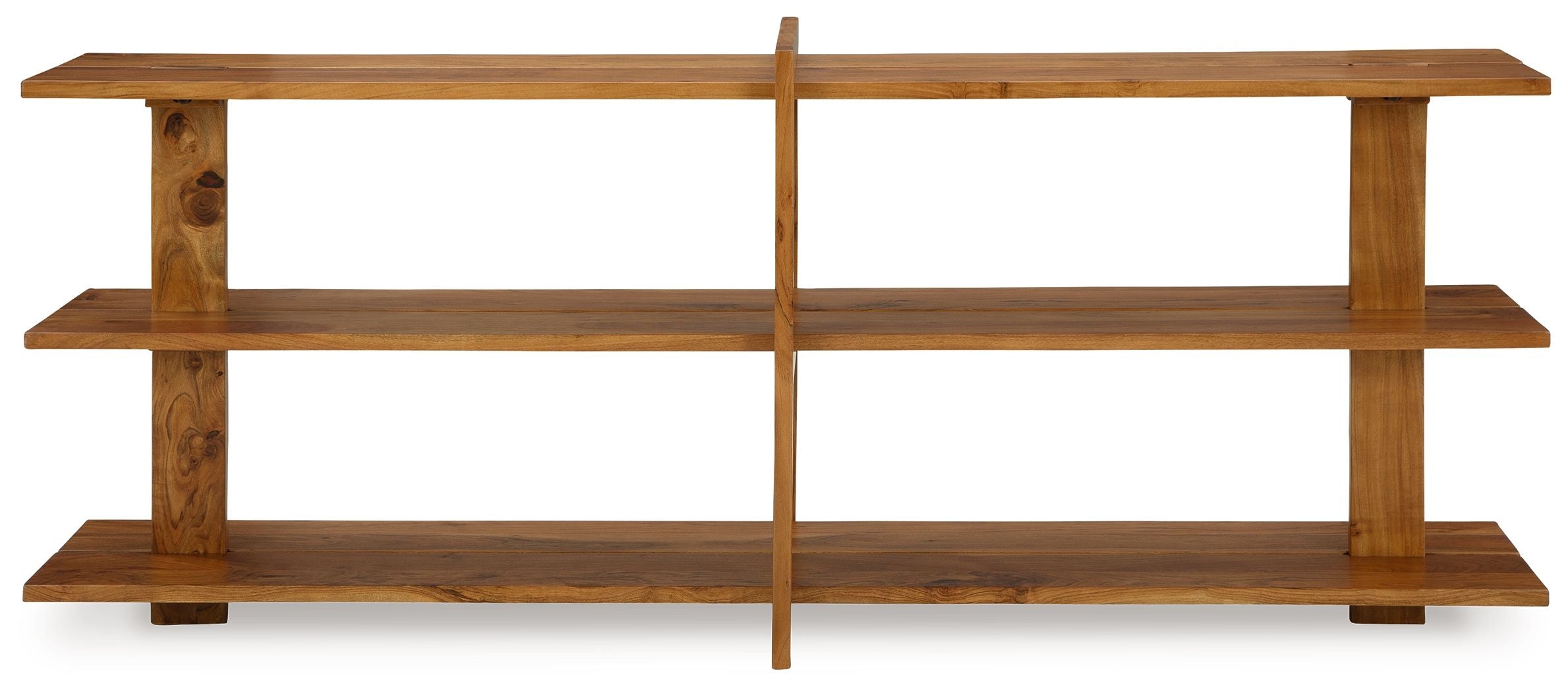 Brown wood console sofa table with two tiers and crossbar supports.