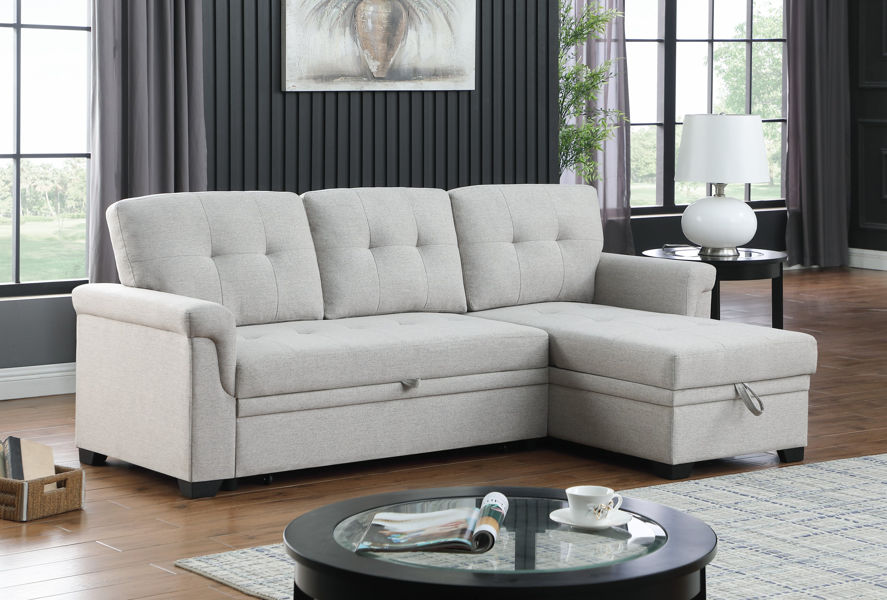 Lucca 84" Light Gray Linen Reversible Sleeper Sectional Sofa with Storage Chaise | Stylish and Functional Addition to Your Living Space