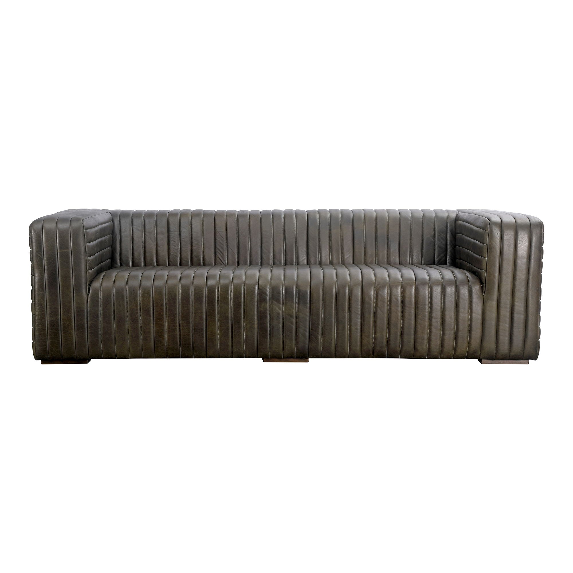 Castle Sofa - Olive Green Top-Grain Leather - Channel-Stitched Design - Stylish Living Room Furniture