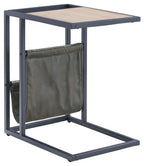 Side end table with light brown top, black frame, and olive magazine basket
