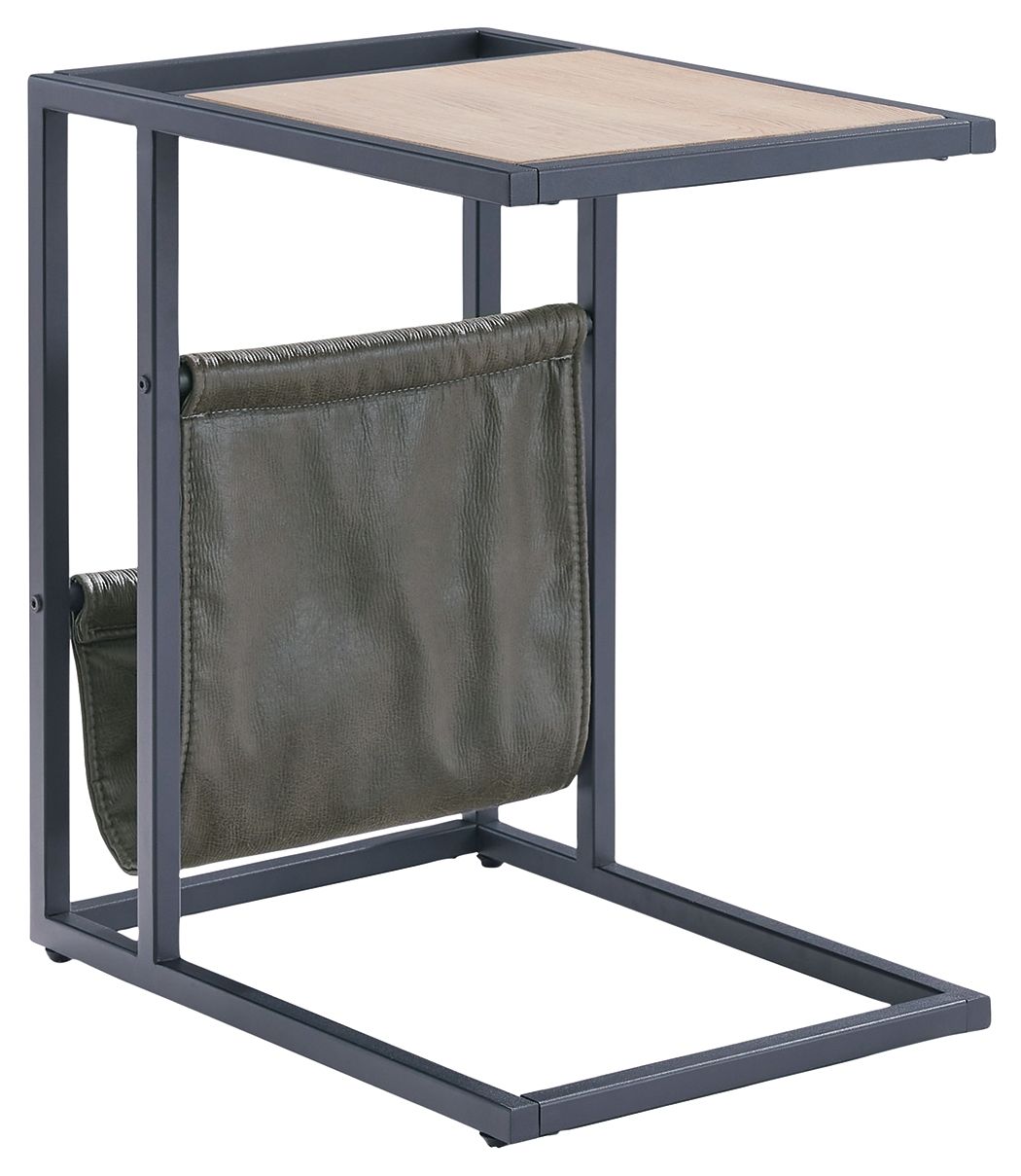 Side end table with light brown top, black frame, and olive magazine basket
