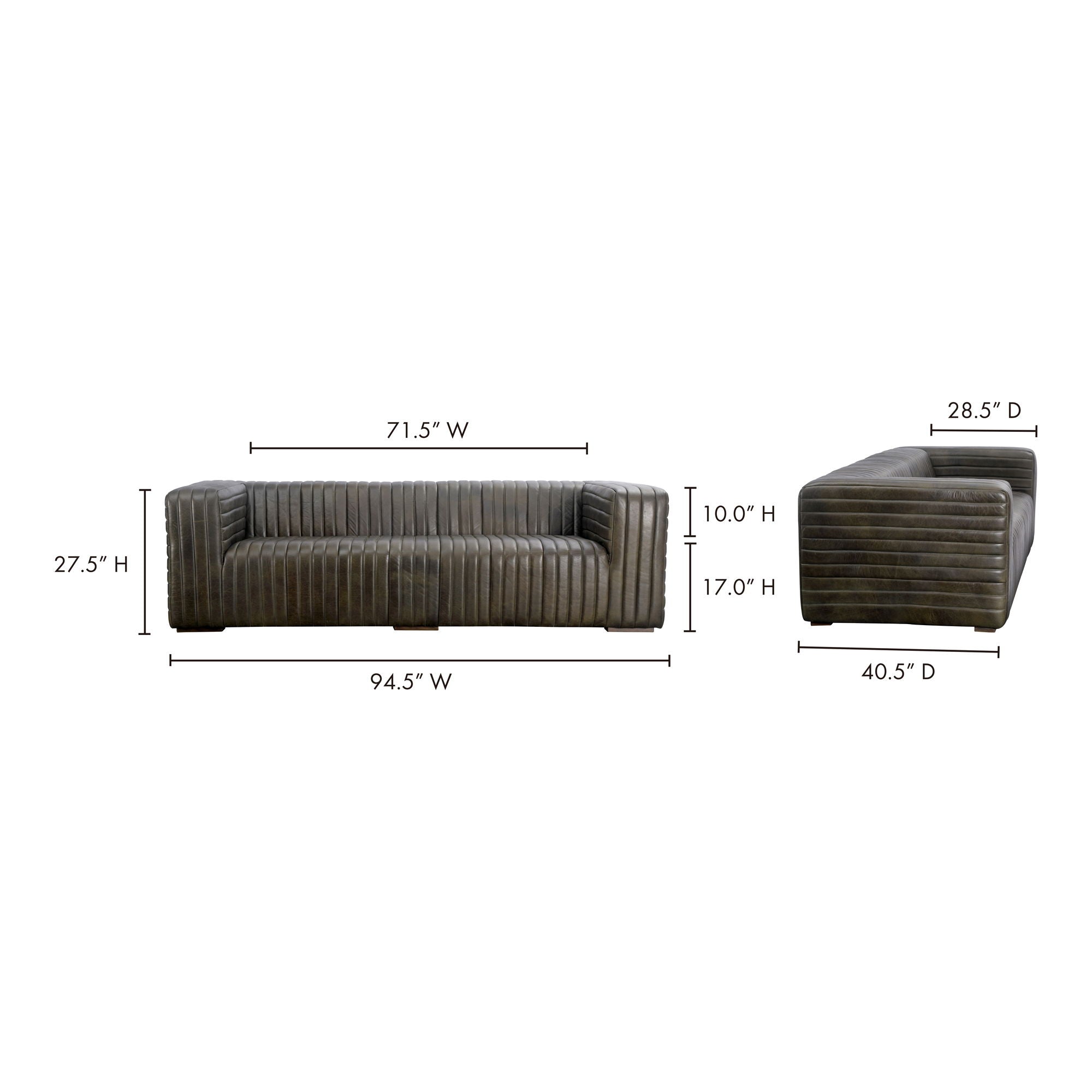 Castle Sofa - Olive Green Top-Grain Leather - Channel-Stitched Design - Stylish Living Room Furniture