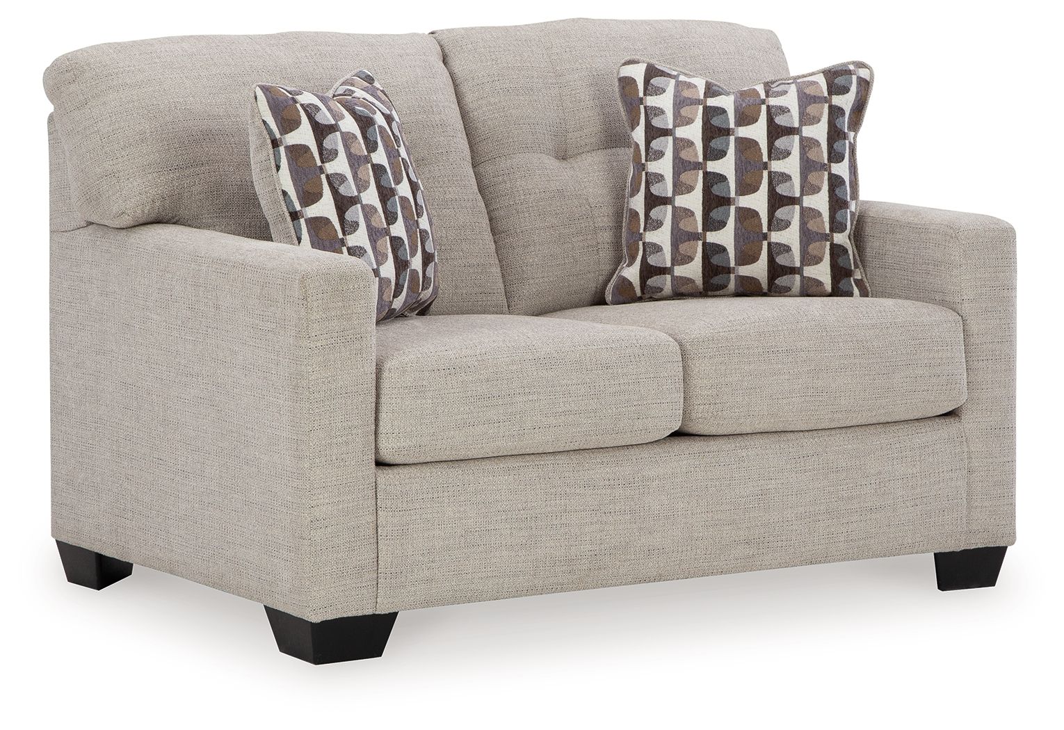Loveseat with light beige upholstery and two patterned throw pillows