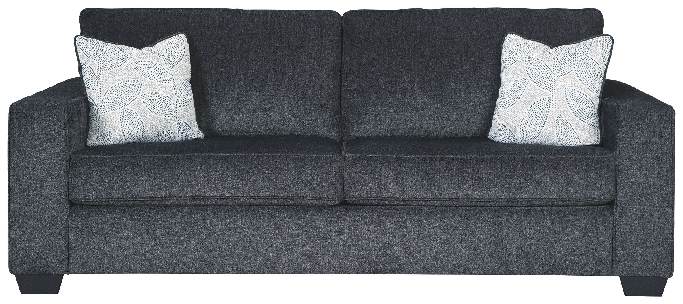 Slate sleeper sofa with two square patterned throw pillows and rolled armrests