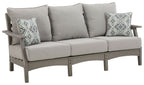 Gray outdoor sofa with three seat cushions and two patterned throw pillows