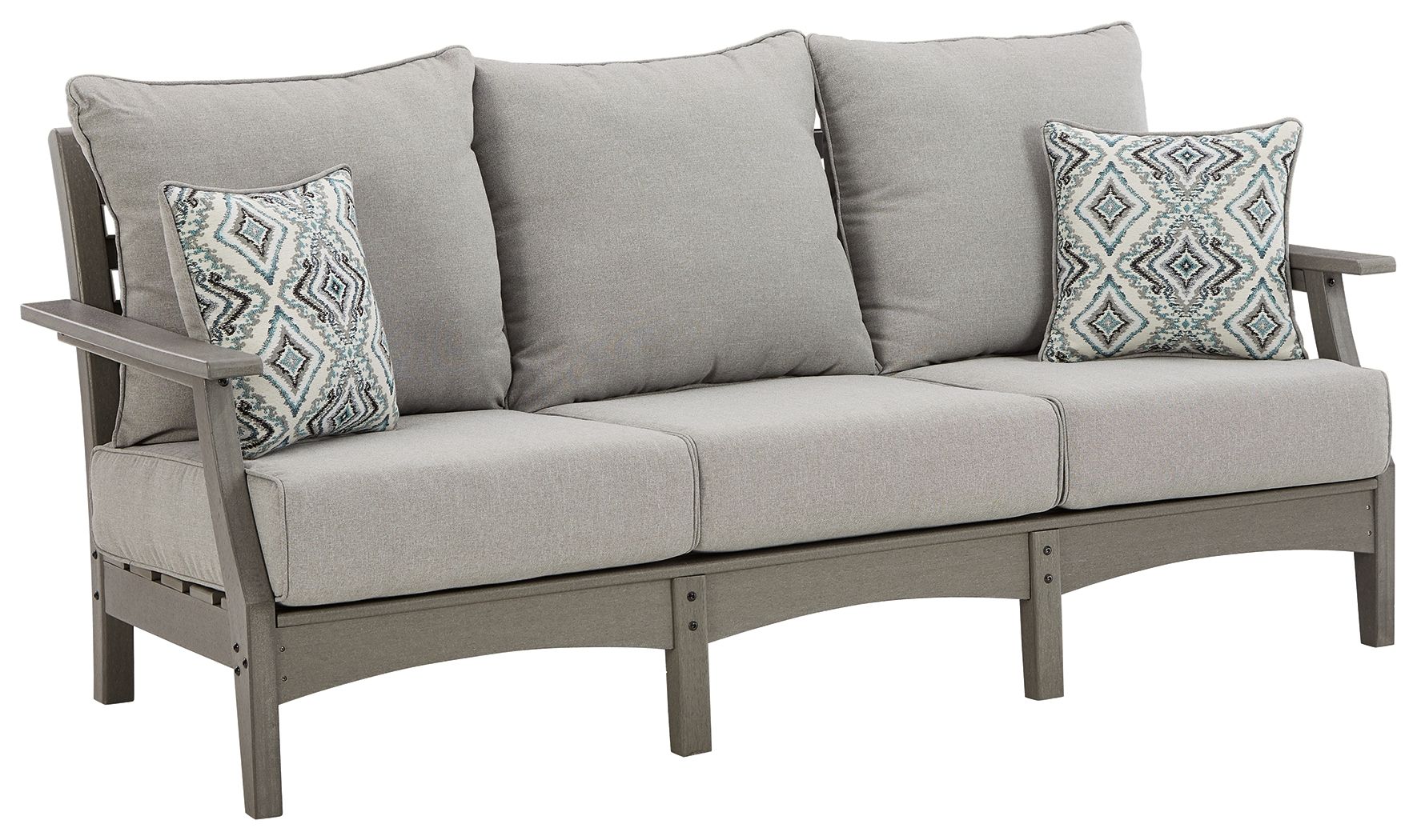 Gray outdoor sofa with three seat cushions and two patterned throw pillows