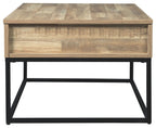 Lift-top coffee table with light wood top and black metal base