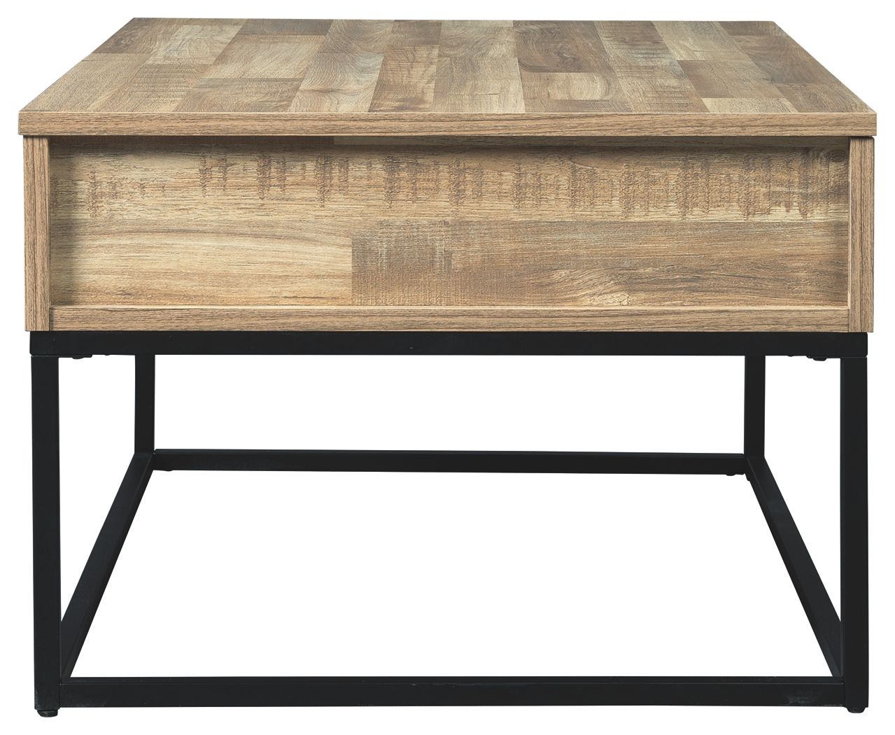 Lift-top coffee table with light wood top and black metal base