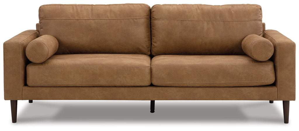 Caramel fabric sofa with rounded track arms, two back cushions, and tapered legs