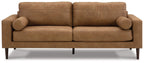 Caramel fabric sofa with rounded track arms, two back cushions, and tapered legs
