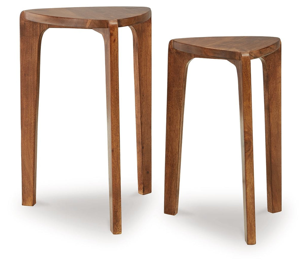 Set of 2 accent tables, medium brown wood, round tops with tapered legs