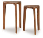 Set of 2 accent tables, medium brown wood, round tops with tapered legs