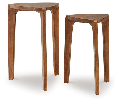 Set of 2 accent tables, medium brown wood, round tops with tapered legs