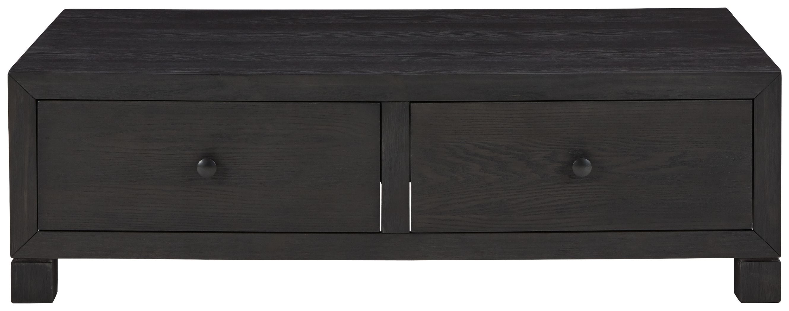 Dark wood cocktail table with two centered storage drawers and small round pulls