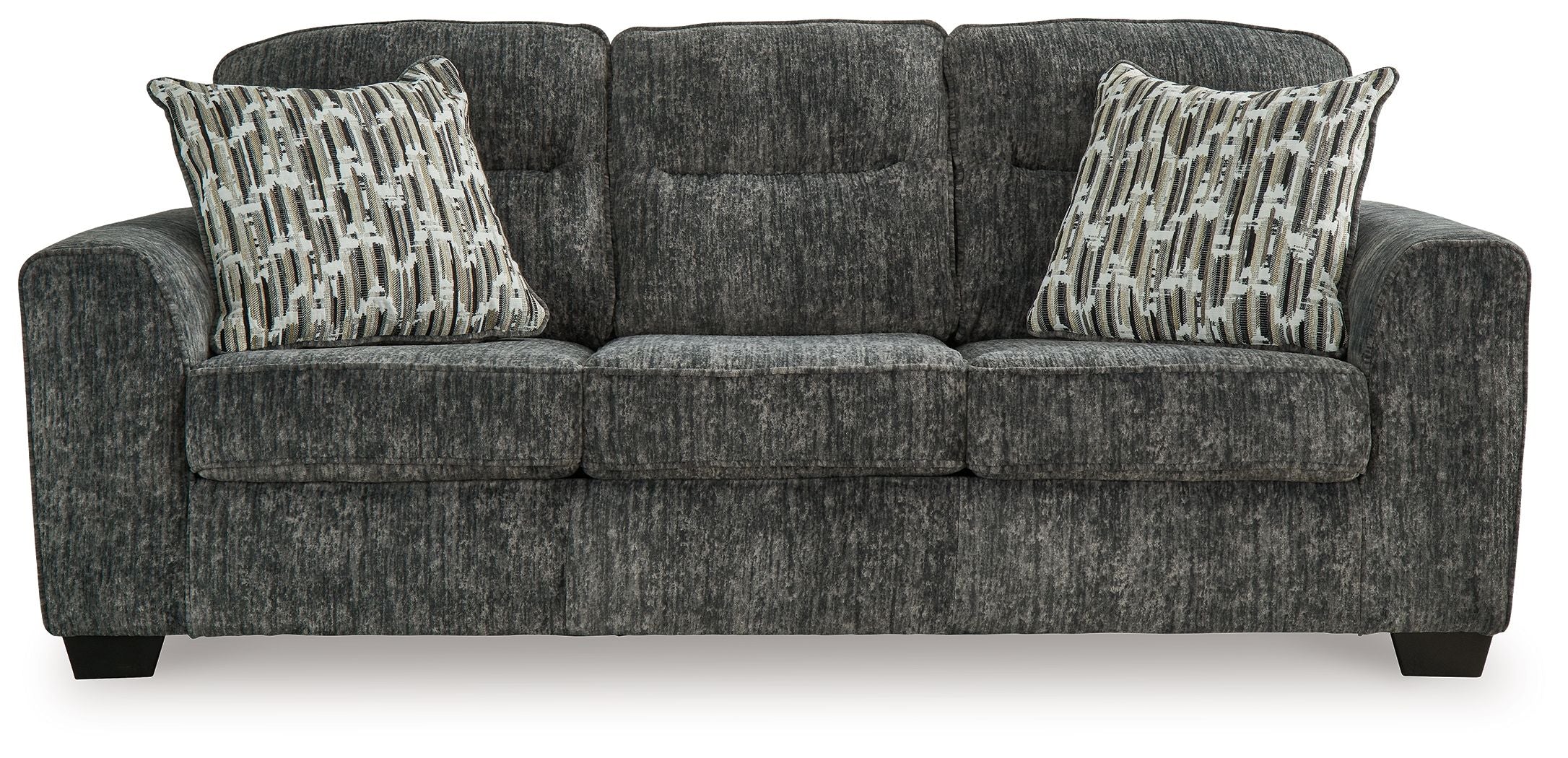 Lonoke sofa with dark gray upholstery and two patterned pillows