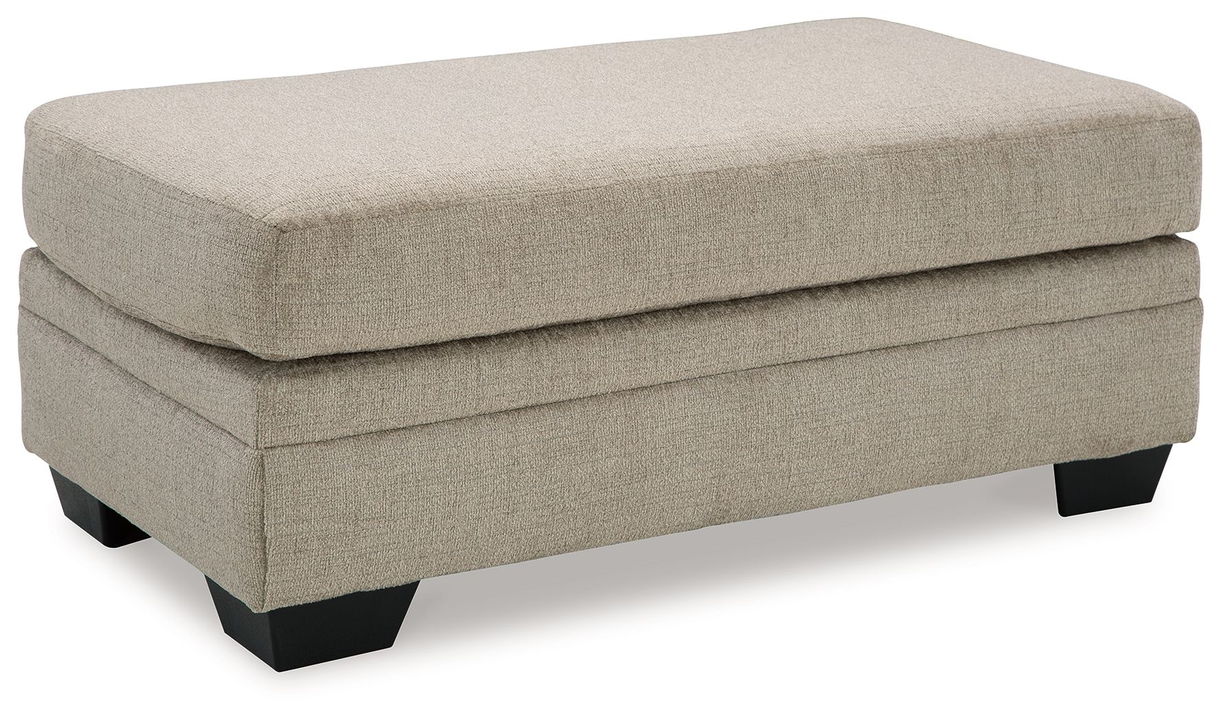 Upholstered ottoman with light beige top and base, black legs, square arms.