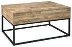 Rectangular lift-top cocktail table with light wood top and black metal frame