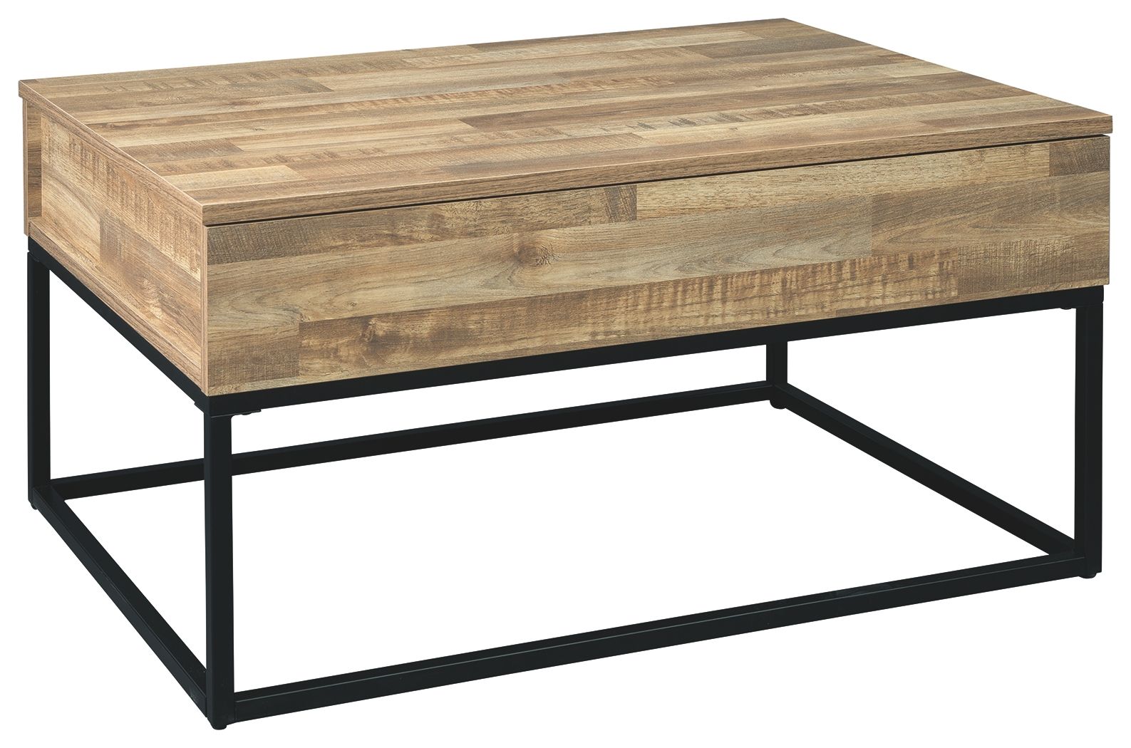 Rectangular lift-top cocktail table with light wood top and black metal frame