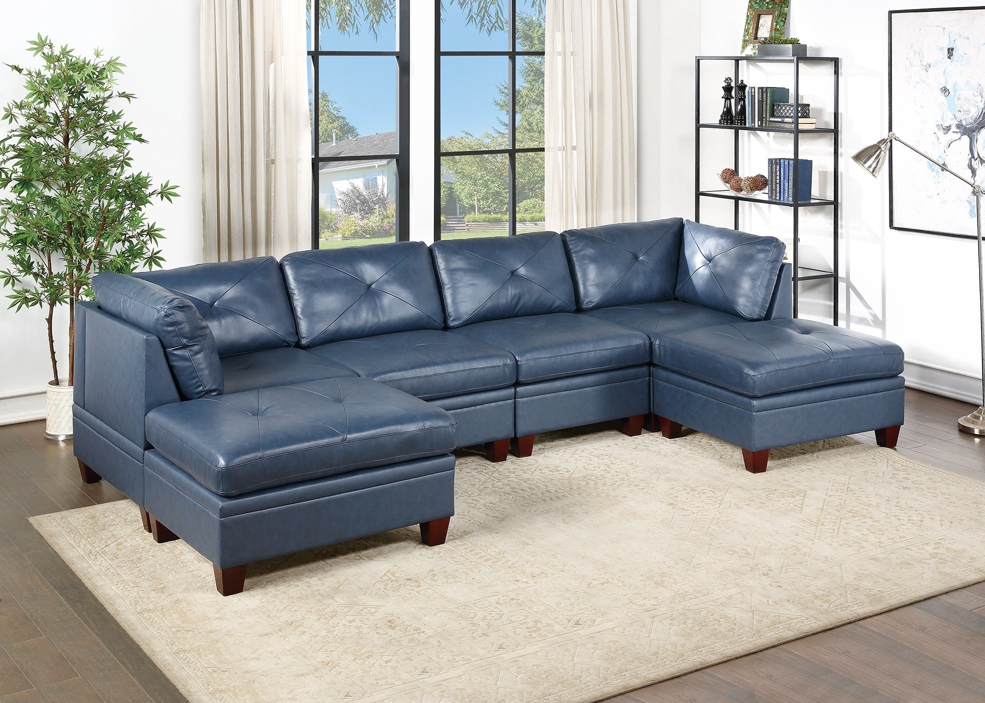Ink Blue Leather Sectional w/ Corner & Ottomans