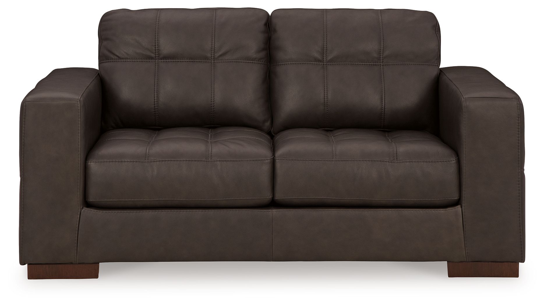 Dark brown loveseat with tufted back, padded arms, and two-seat cushions