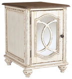 Whitewashed chair side end table with inset oval mirror door and round knob