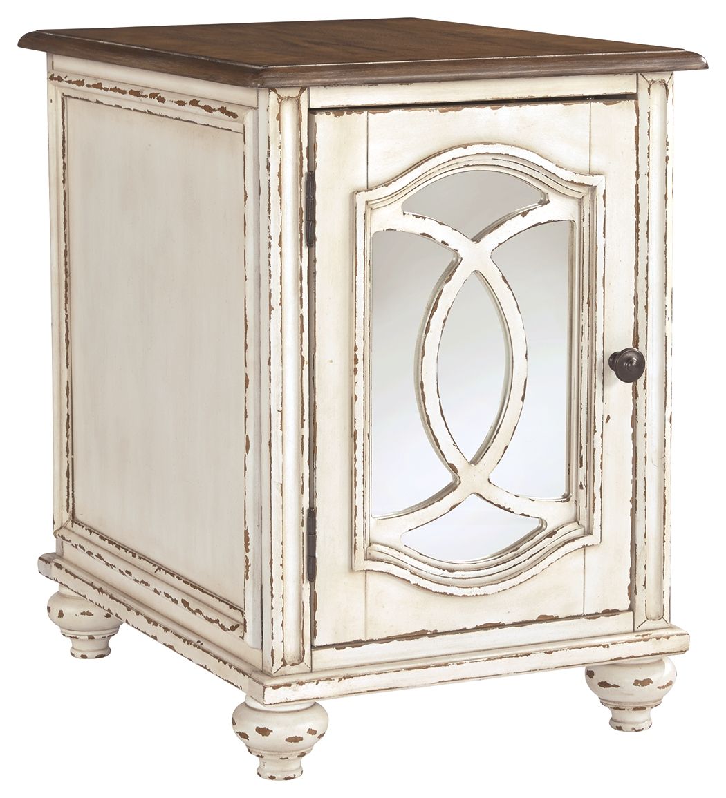 Whitewashed chair side end table with inset oval mirror door and round knob